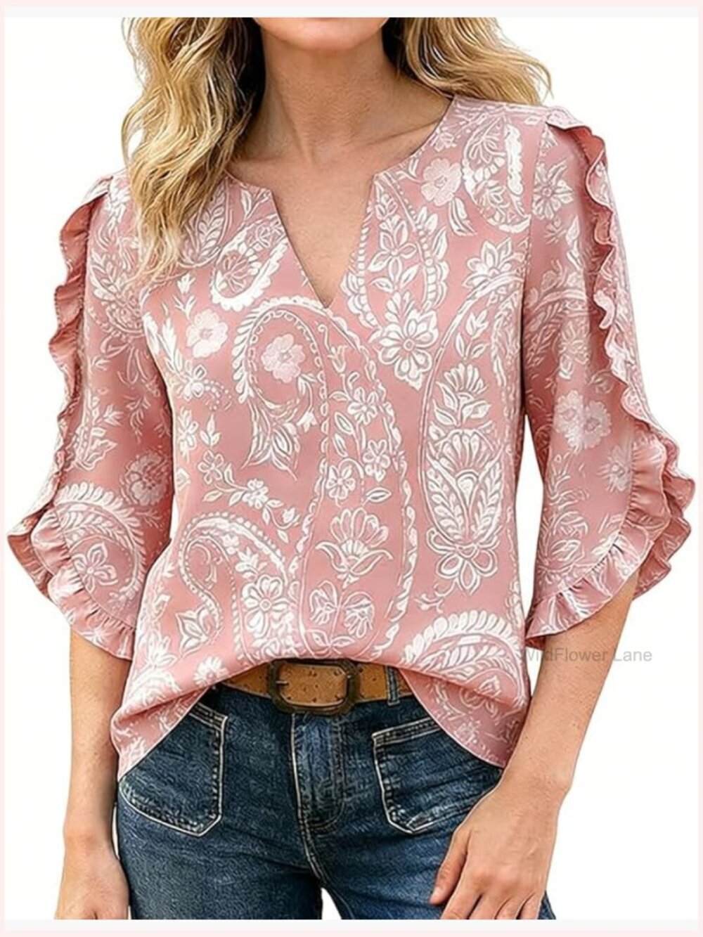 Paisley Floral Print V-Neck Ruffled Half Sleeve Blouse